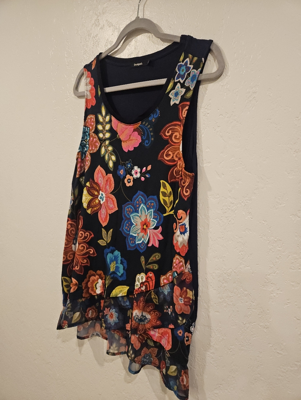 Desigual Plano Bajo Floral Tank Top Womens L Colourful Layered Asymmetric Boho